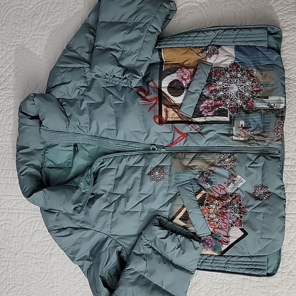 Womens Floral Patchwork Puffer Jacket Down Filled Size L Boho